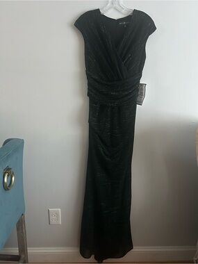 Betsy & Adam Green Metallic Cap sleeve surplice gown dress